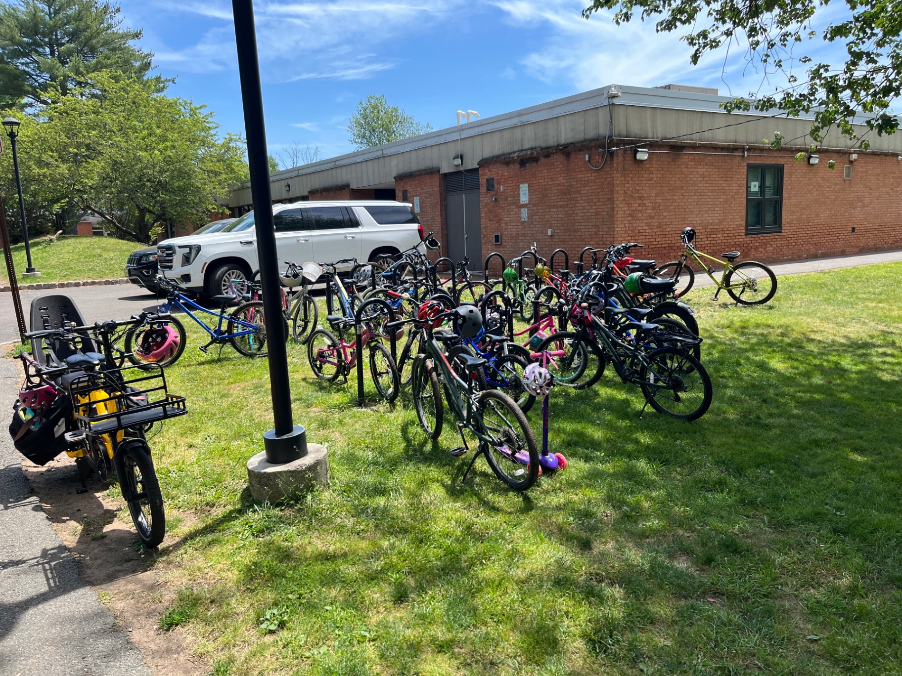Bike rack full of children's bikes at Salt Brook Elementary School